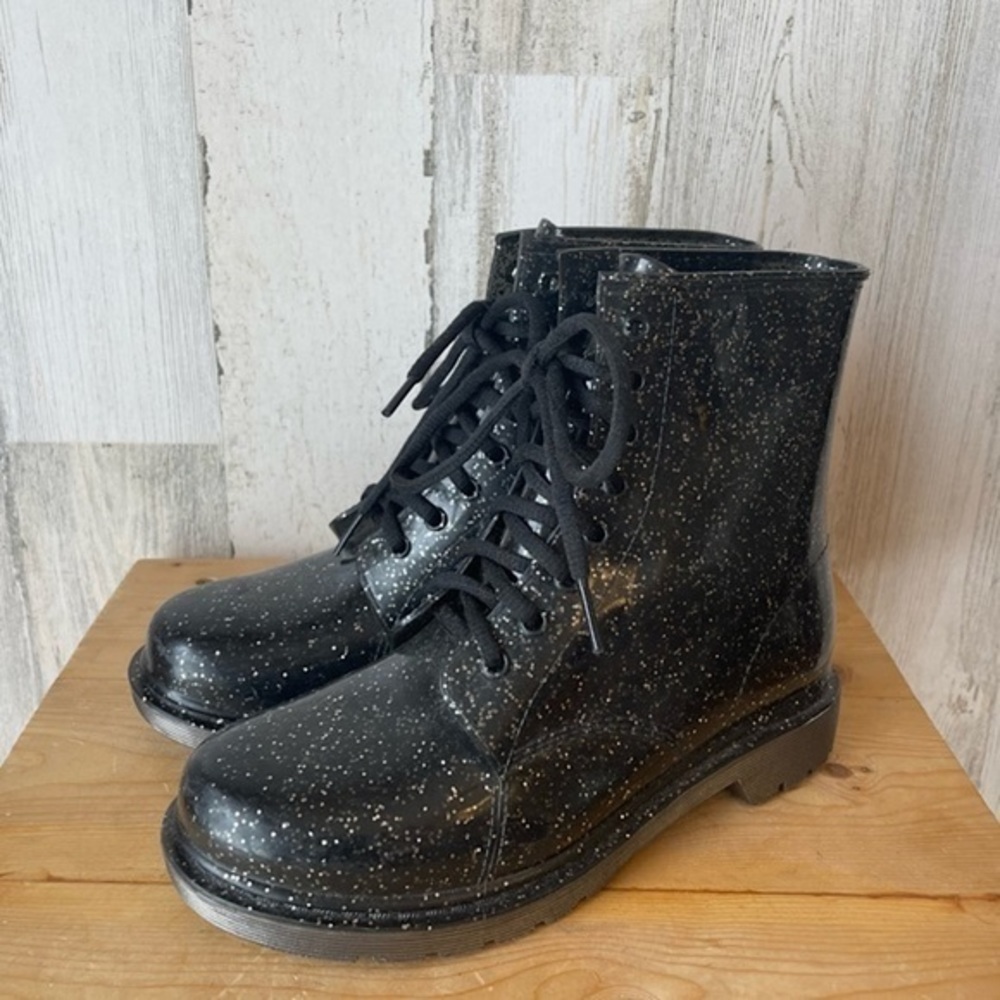 *SOLD* Sam Edelman Translucent Black Glitter Quinn Rubber Combat Boots Size: 7